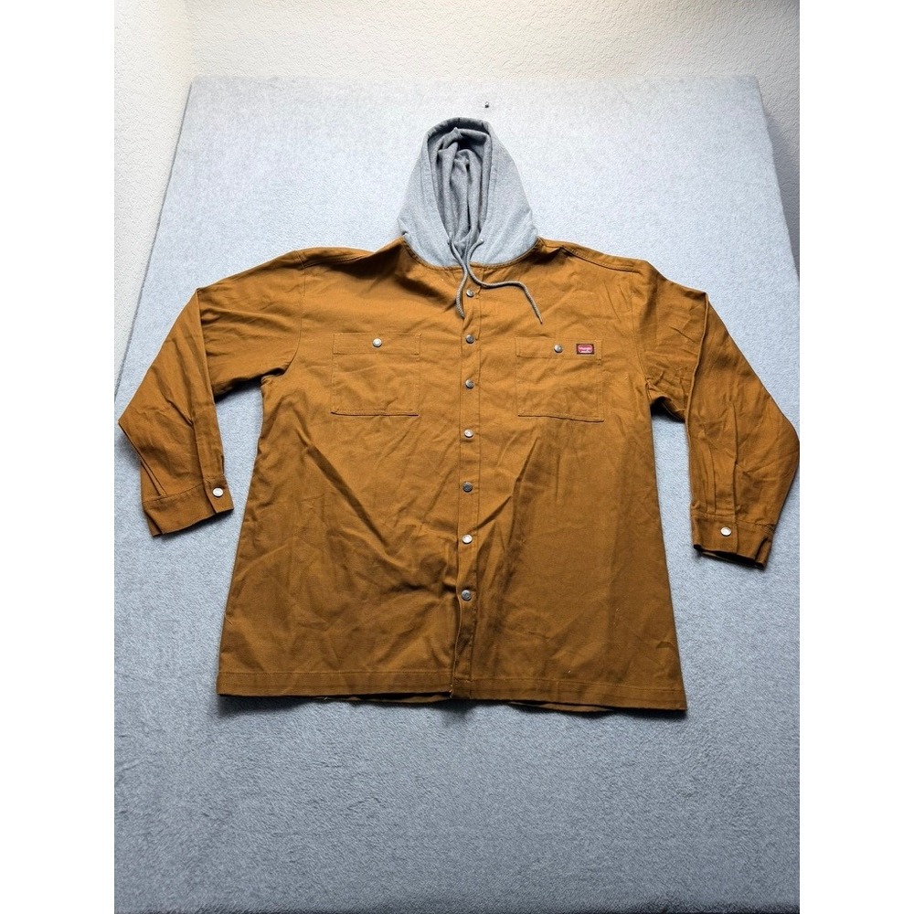Wrangler Workwear Mens 2XL Brown Canvas Hooded Flannel Lined Shirt Jacket Snap